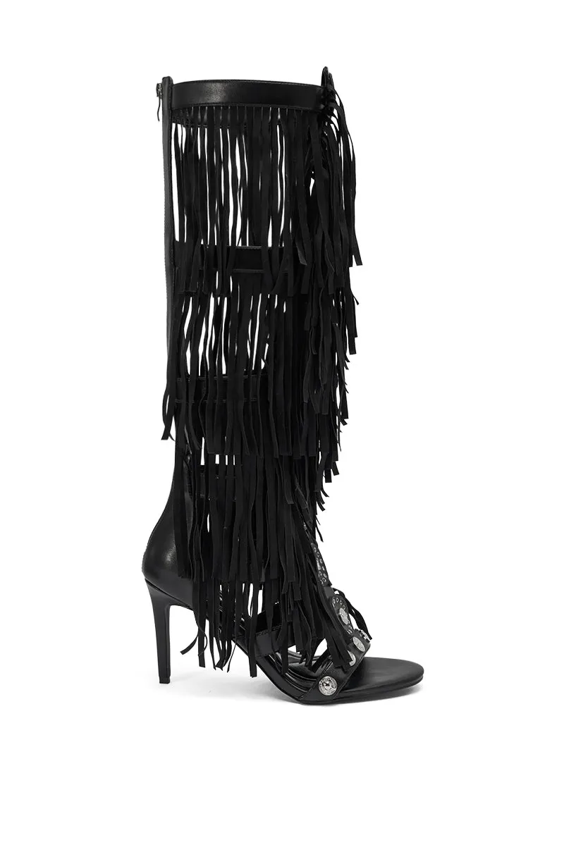 AZALEA WANG SAMEYANA BLACK FRINGE AND METAL STILETTO GLADIATOR SANDAL sold by AKIRA product image thumbnail 3