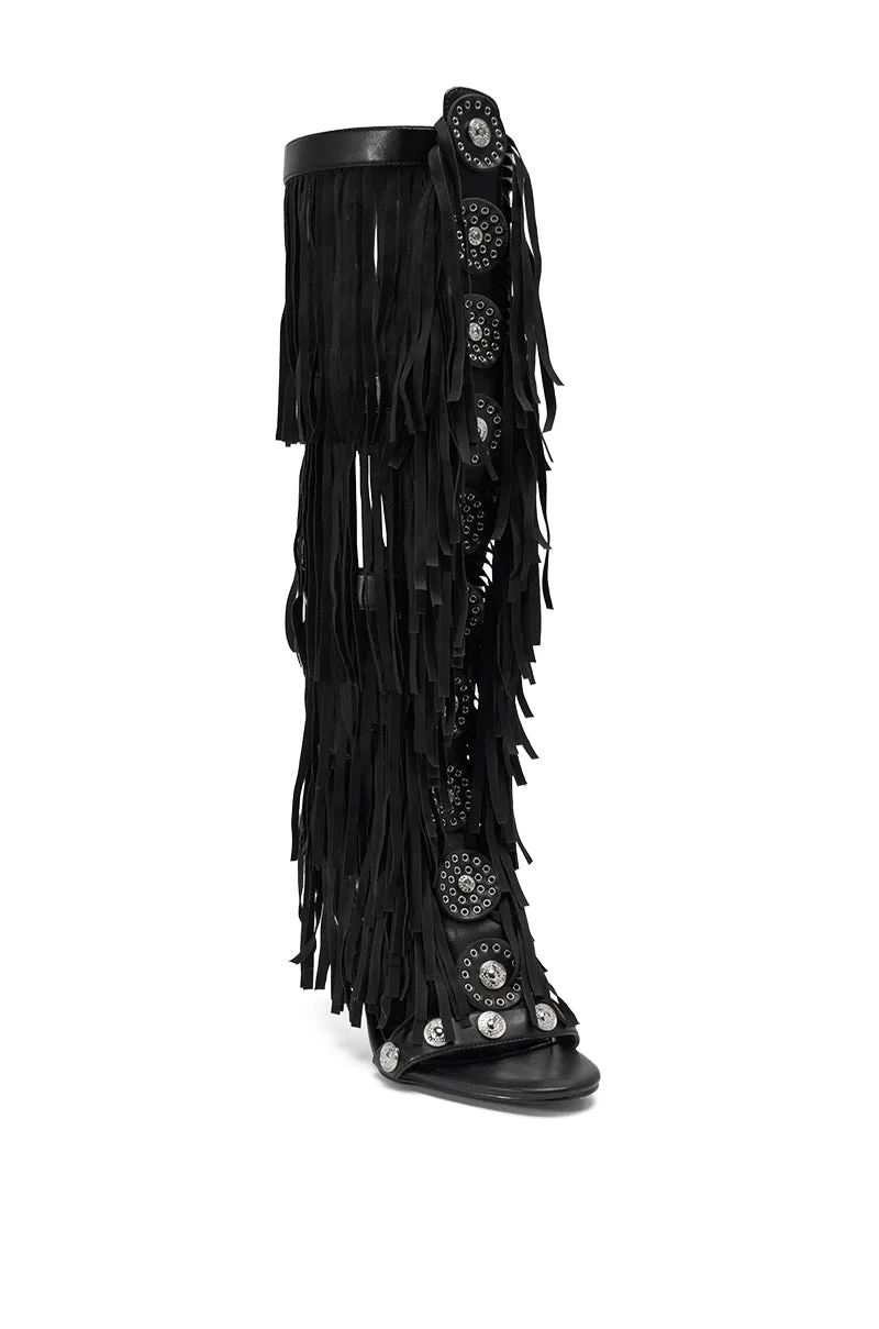 AZALEA WANG SAMEYANA BLACK FRINGE AND METAL STILETTO GLADIATOR SANDAL sold by AKIRA product image thumbnail 4