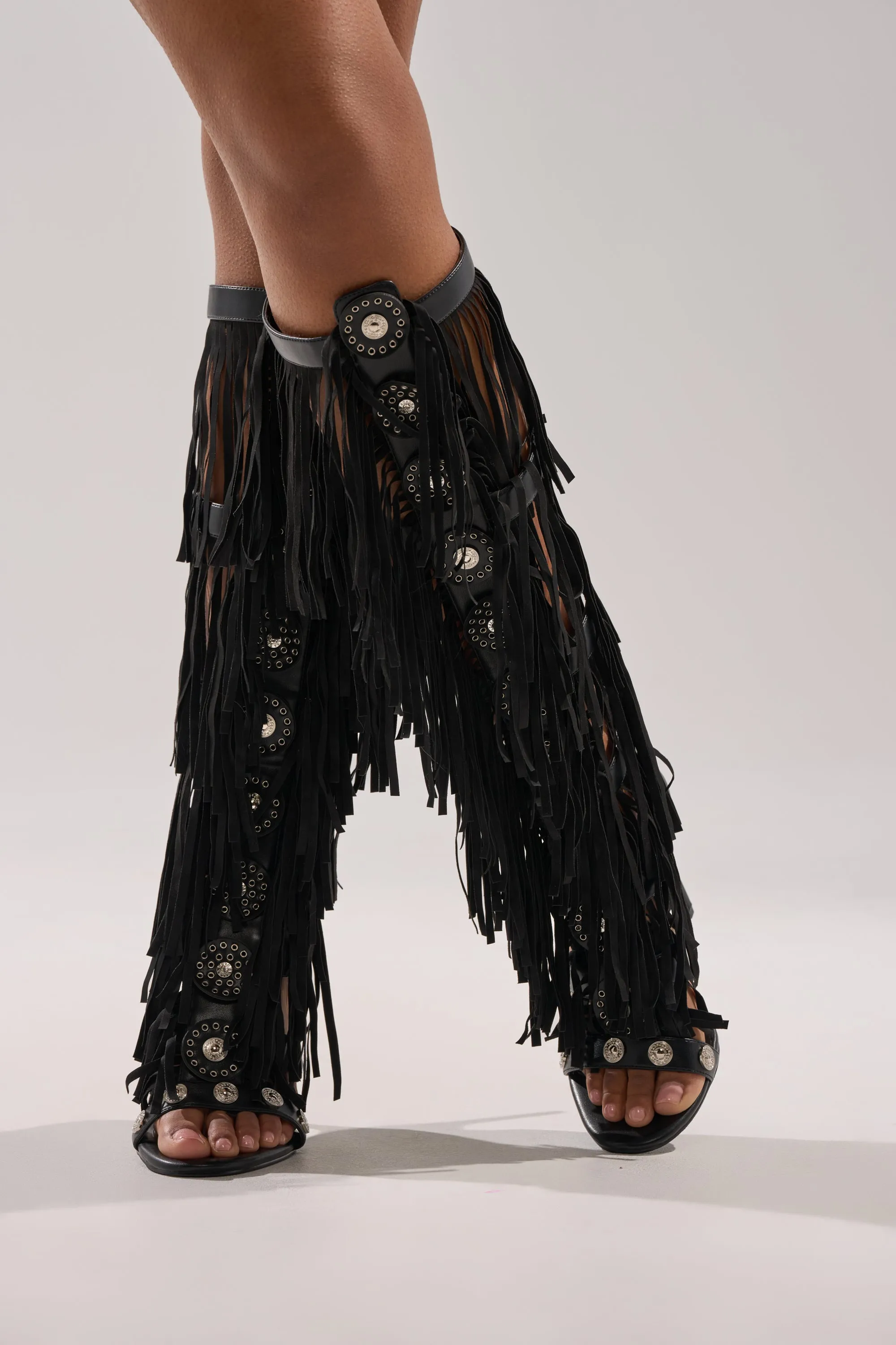 AZALEA WANG SAMEYANA BLACK FRINGE AND METAL STILETTO GLADIATOR SANDAL sold by AKIRA product image thumbnail 2