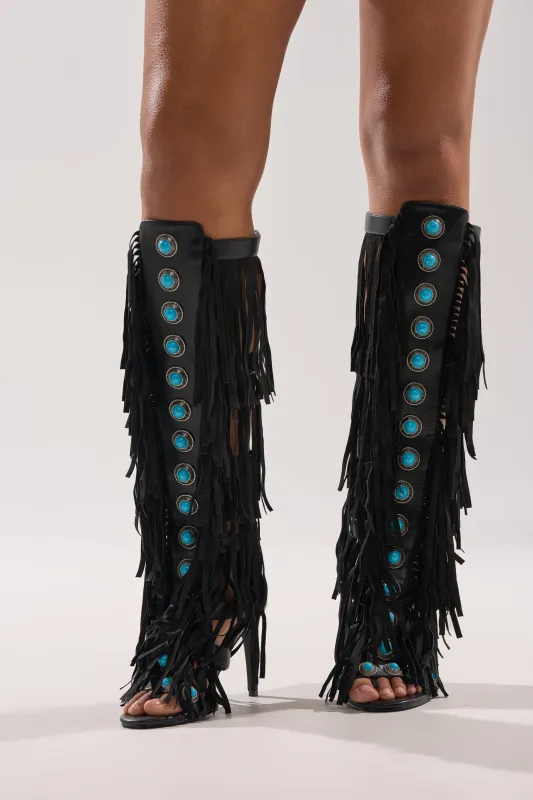 AZALEA WANG AMADEO BLACK FRINGE AND TURQUOISE GLADIATOR STILETTO SANDAL sold by AKIRA