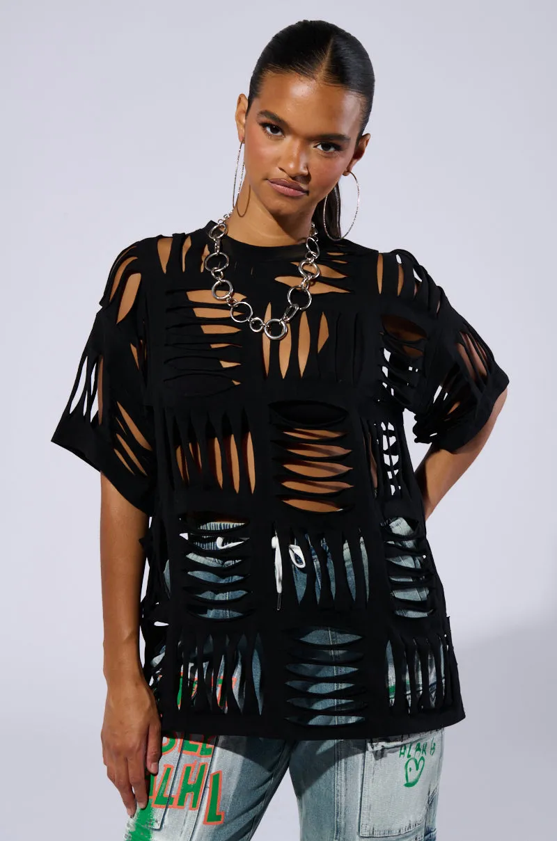 CUT HIM OFF SHORT SLEEVE DISTRESSED T-SHIRT IN BLACK sold by AKIRA product image thumbnail 2