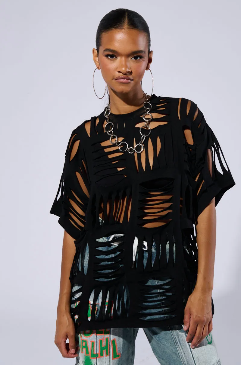 CUT HIM OFF SHORT SLEEVE DISTRESSED T-SHIRT IN BLACK sold by AKIRA