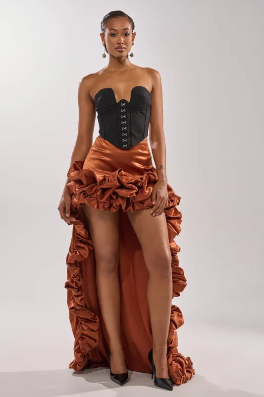 LOOK AT ME GO SATIN HIGH LOW SKIRT made by AKIRA