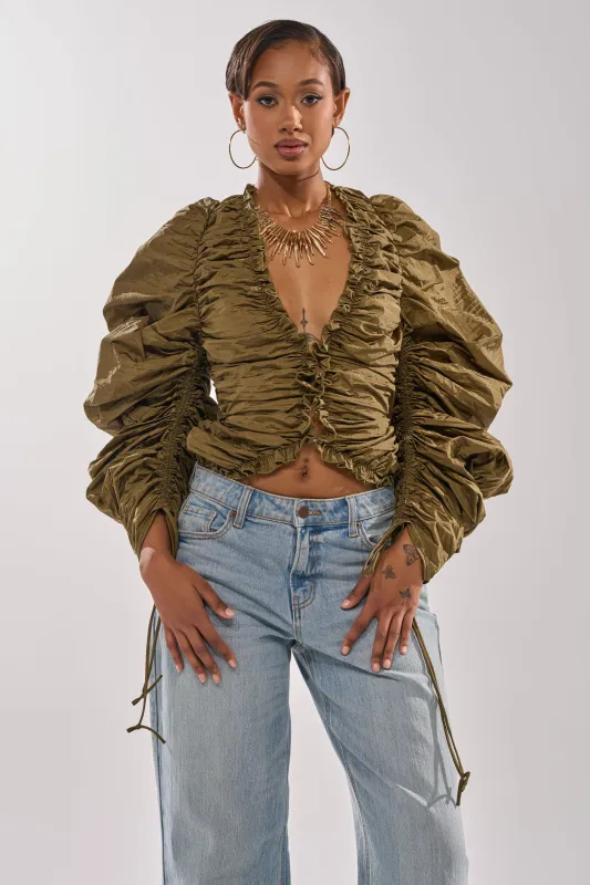 IN IT TO WIN IT RUCHED BLOUSE sold by AKIRA