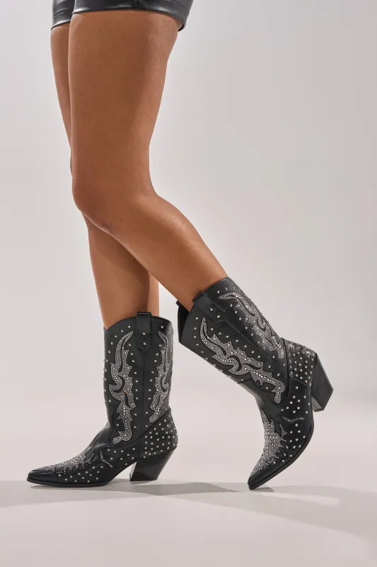 AZALEA WANG ANKUS BLACK WESTERN RHINESTONE BOOT sold by AKIRA