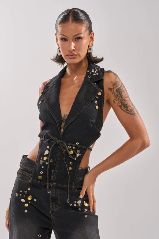 SPACE AND TIME STUDDED DENIM VEST sold by AKIRA