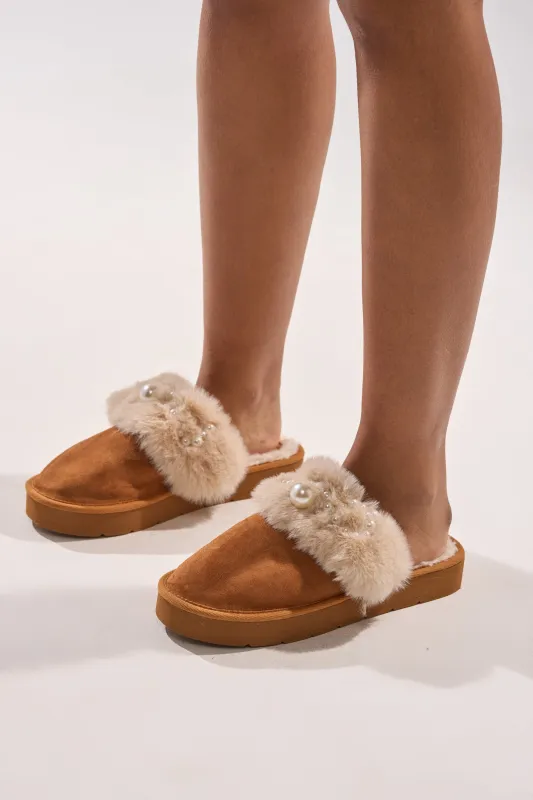 AKIRA BOONE CAMEL SLIPPER WITH PEARLS sold by AKIRA