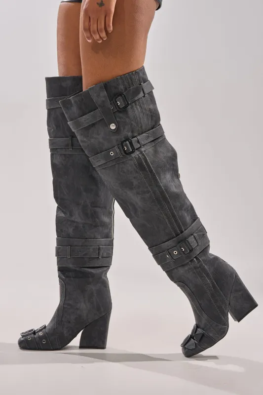 AZALEA WANG TRILLION CHARCOAL CHUNKY THIGH HIGH BOOT sold by AKIRA