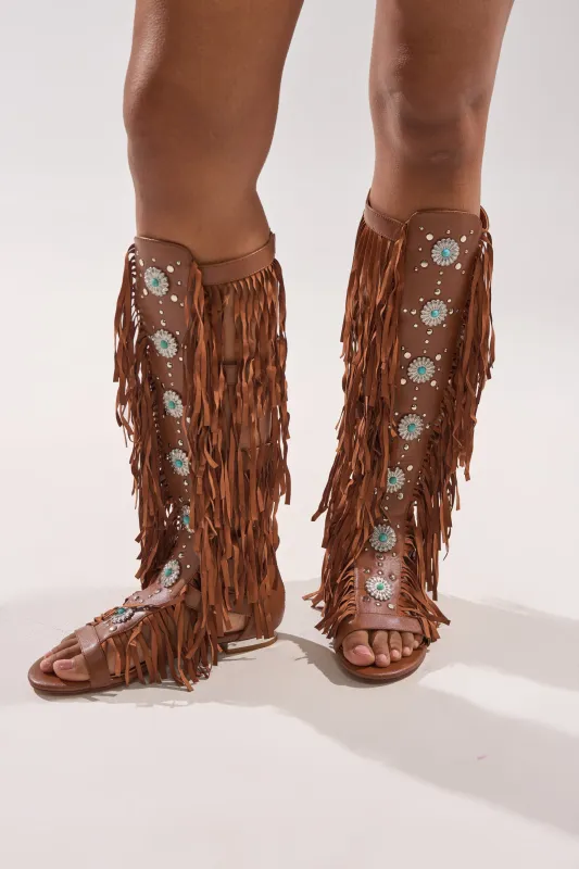 AZALEA WANG DUSTINE BROWN GLADIATOR EMBELLISHED SANDAL sold by AKIRA