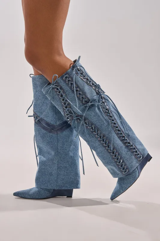 AKIRA GOLD MANTIGNA DENIM WEDGE BOOT made by AKIRA