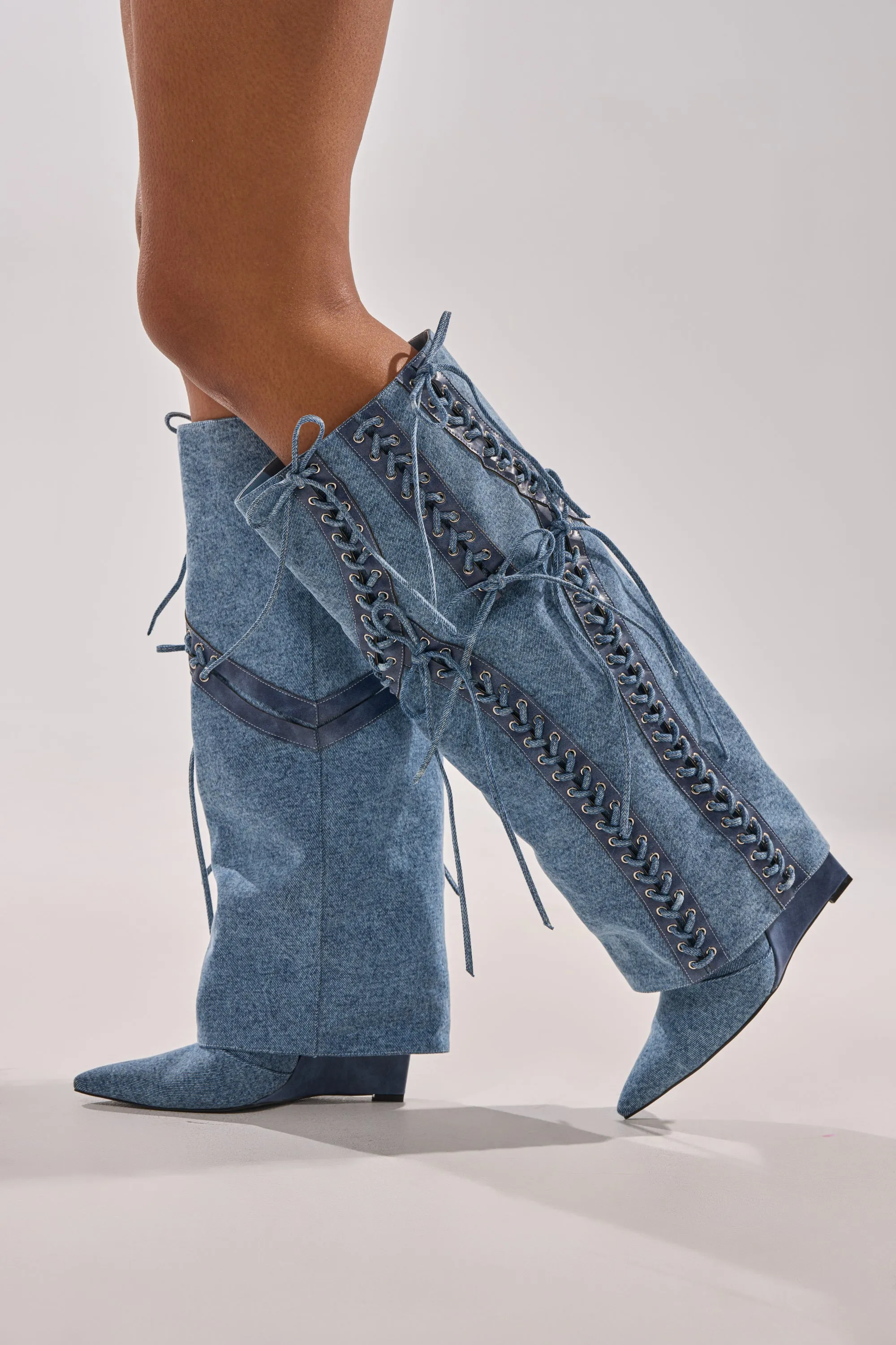 AKIRA GOLD MANTIGNA DENIM WEDGE BOOT sold by AKIRA