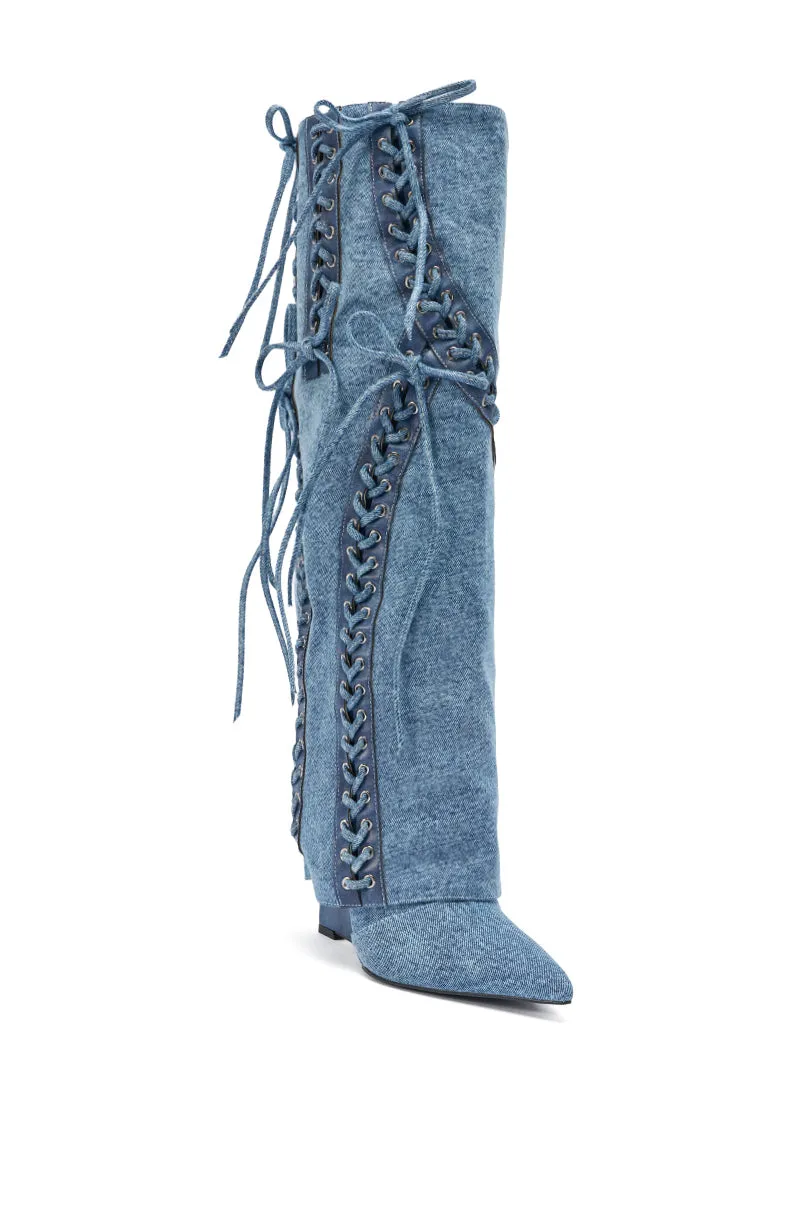 AKIRA GOLD MANTIGNA DENIM WEDGE BOOT sold by AKIRA product image thumbnail 4