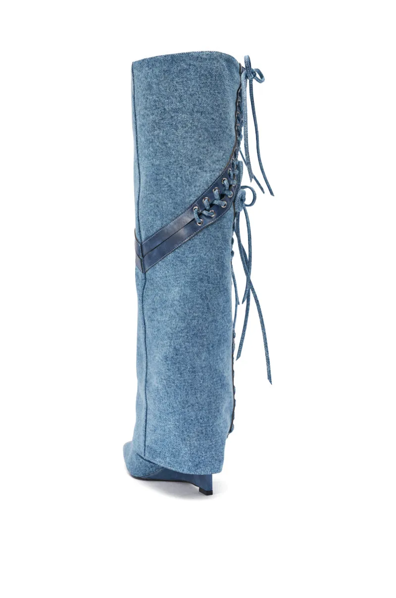 AKIRA GOLD MANTIGNA DENIM WEDGE BOOT sold by AKIRA product image thumbnail 5