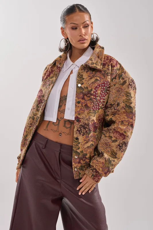 SLIDE ON ME TAPESTRY BOMBER sold by AKIRA