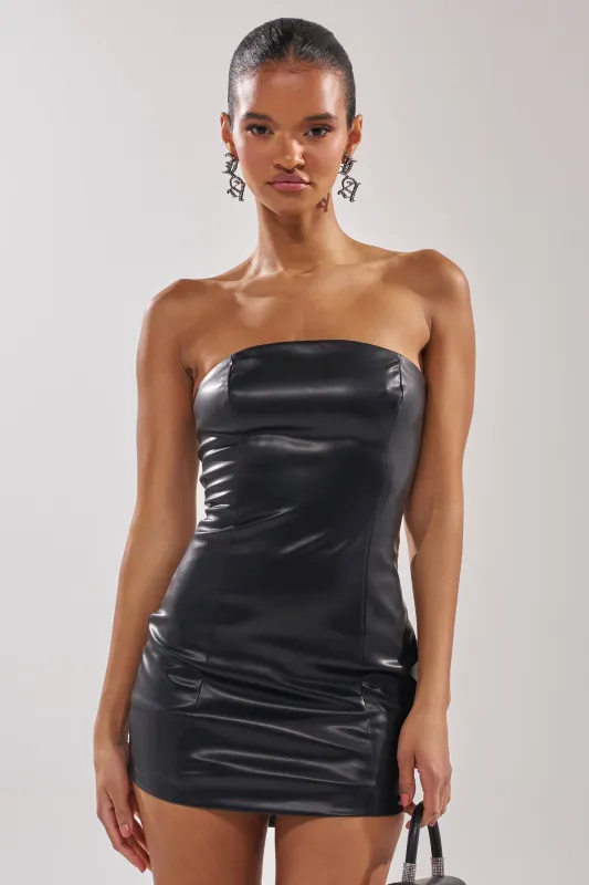 BOTTLE SERVICE PU MINI DRESS IN BLACK sold by AKIRA