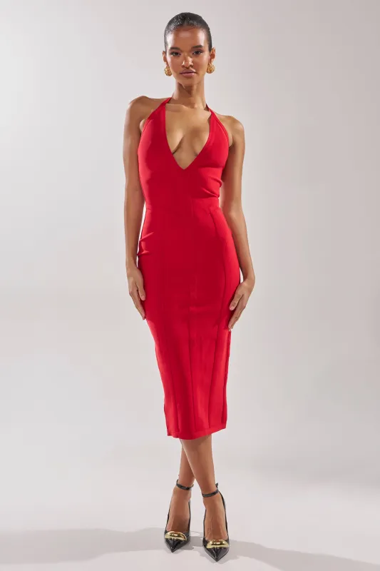 TIA BANDAGE MIDI DRESS IN RED sold by AKIRA