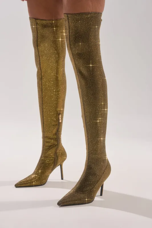 AKIRA GOLD SELMA GOLD SPARKLE OVER THE KNEE BOOT sold by AKIRA
