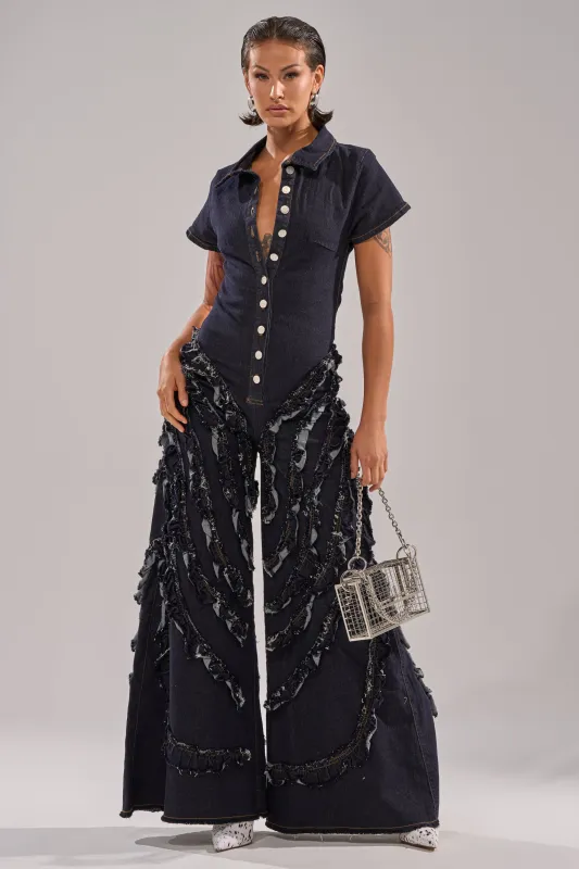 INTO THE NIGHT DENIM JUMPSUIT sold by AKIRA