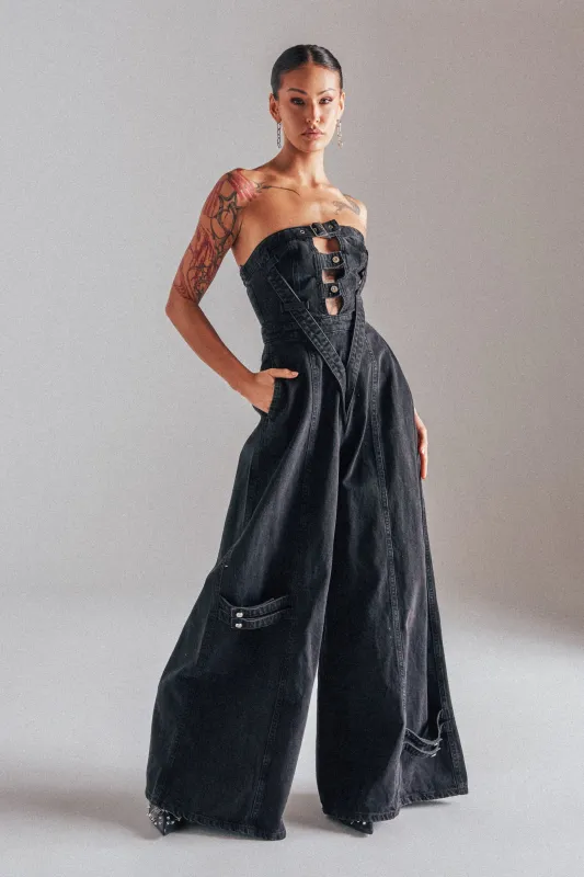SO YESTERDAY WIDE LEG DENIM JUMPSUIT sold by AKIRA