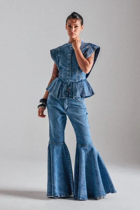 DONT PLAY WITH MY HEART BELL BOTTOM DENIM sold by AKIRA