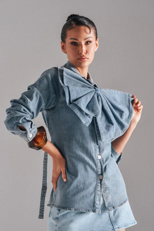 TWO-TONE BOW DENIM BUTTON DOWN SHIRT sold by AKIRA