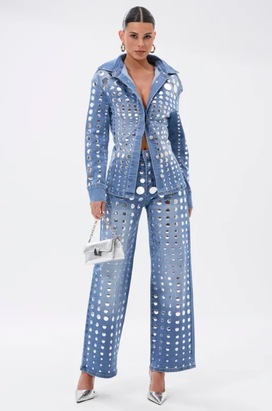 STUDS EVERYWHERE RELAXED DENIM PANT sold by AKIRA