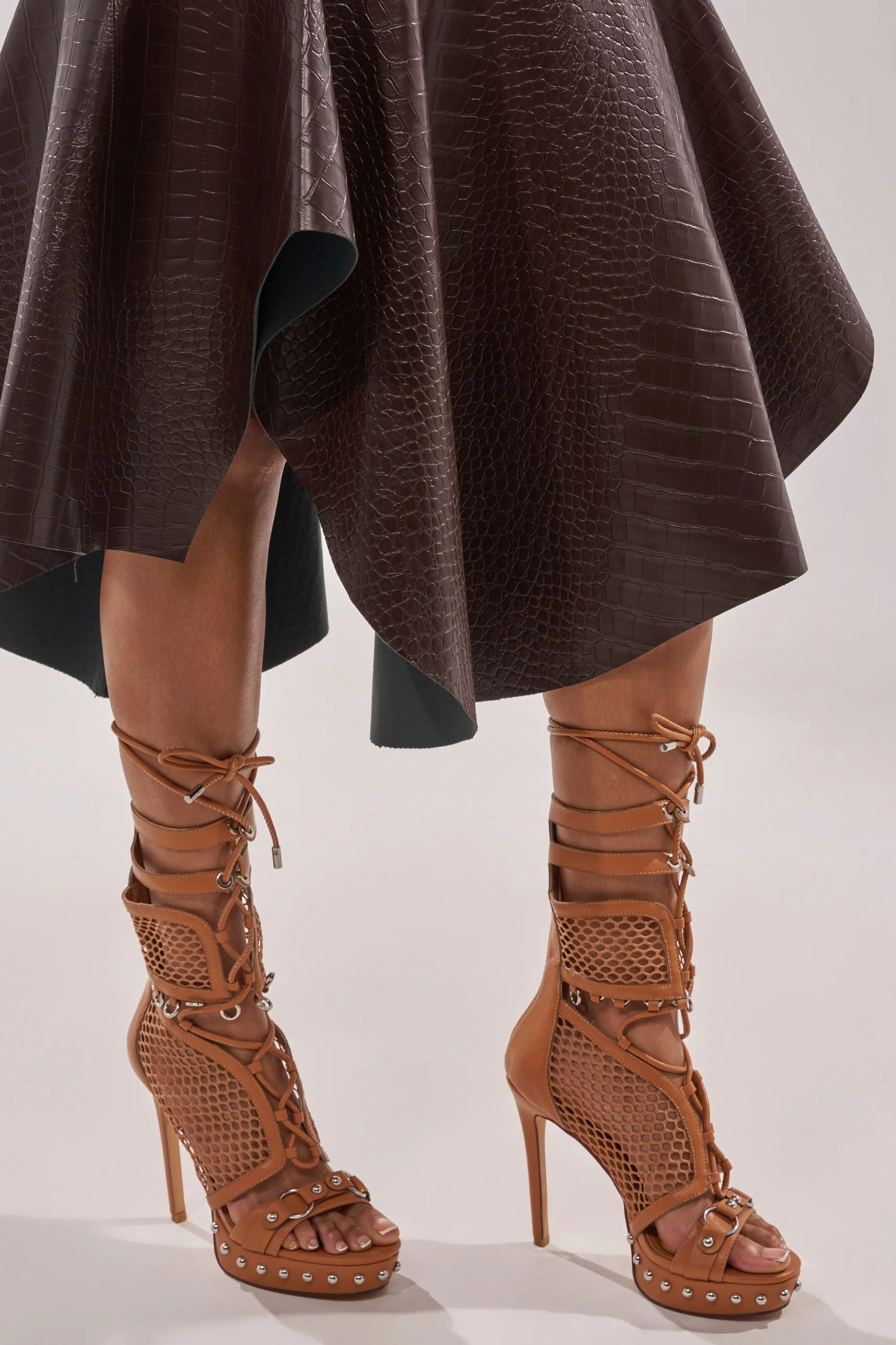 AZALEA WANG ISARIA TAN STUD EMBELLISHED GLADIATOR PLATFORM STILETTO sold by AKIRA