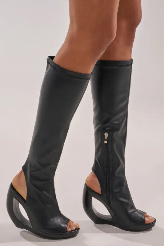 AZEALA WANG ILYSSA BLACK NOVELTY WEDGE KNEE HIGH BOOTIE sold by AKIRA
