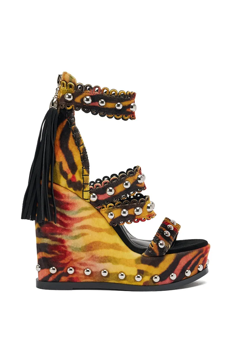 AKIRA GOLD ZANIA TIGER MULTI PRINT FRINGE EMBELLISHED WEDGE SANDAL sold by AKIRA product image thumbnail 5