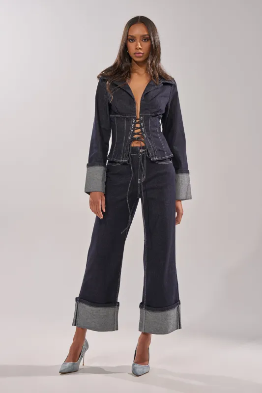 DON'T TALK TO ME WIDE LEG DENIM JEANS sold by AKIRA