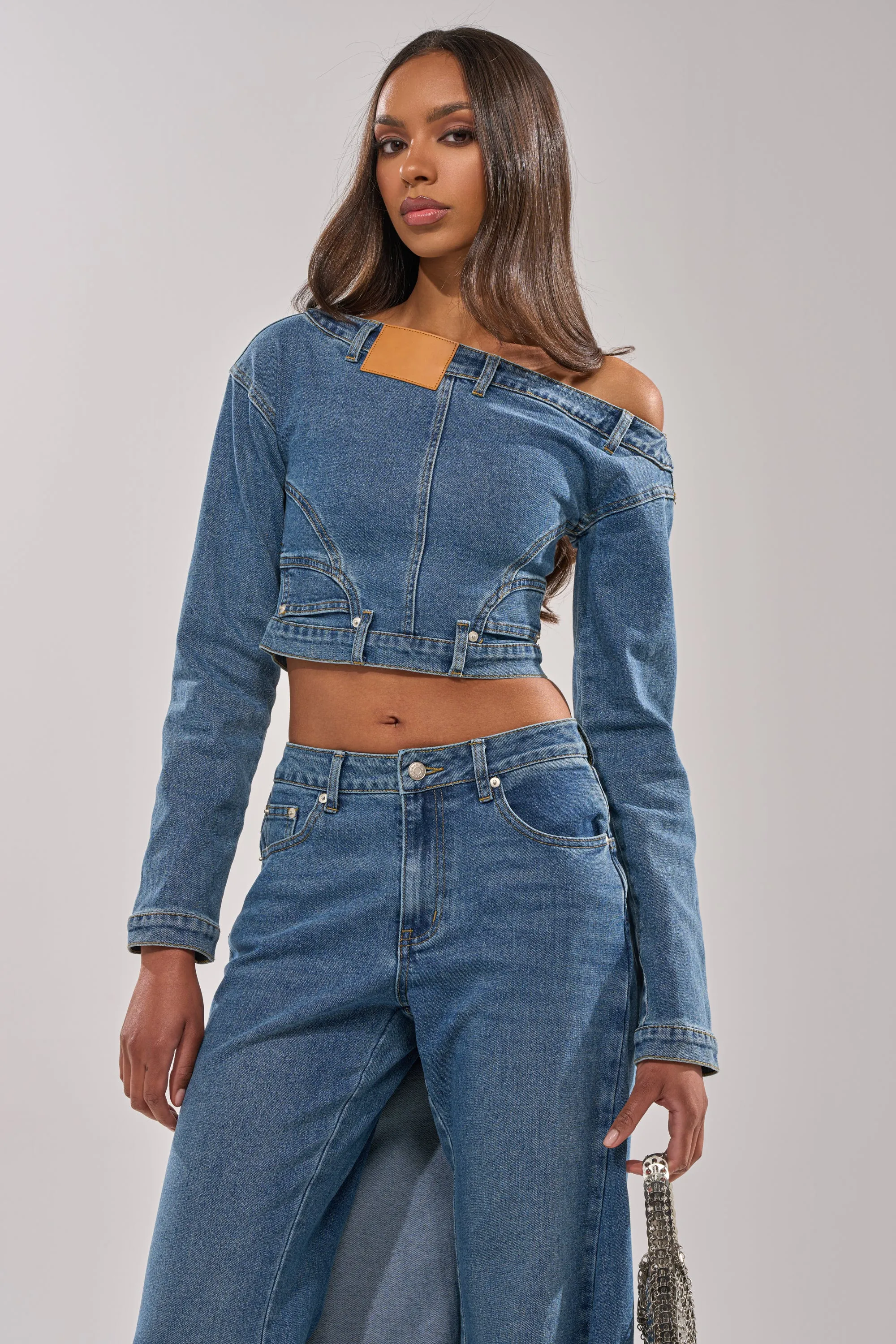 SHAKE IT OFF DENIM OFF THE SHOULDER TOP sold by AKIRA product image thumbnail 2