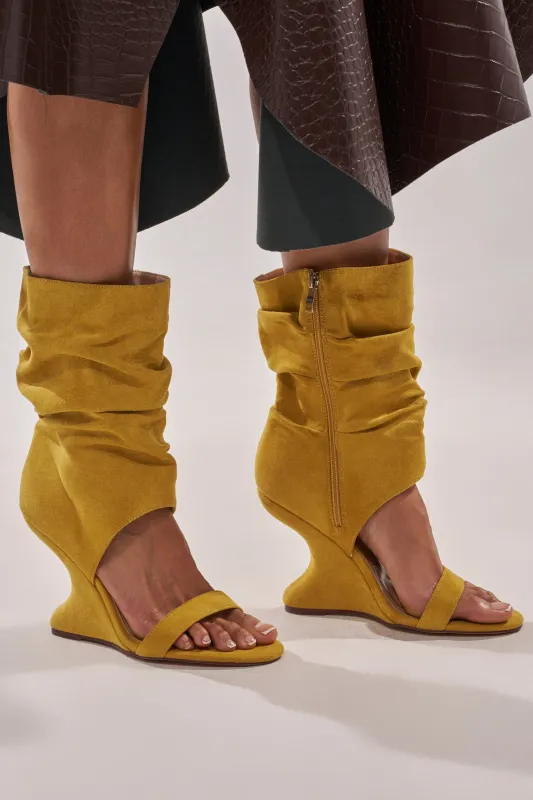 AZALEA WANG KYVELISA MUSTARD WEDGE OPEN TOE BOOTIE sold by AKIRA