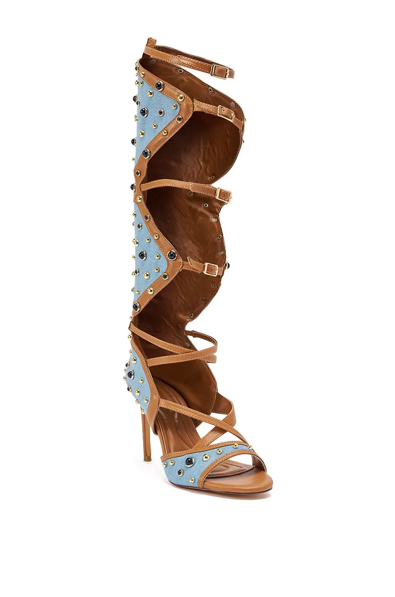 AKIRA GOLD LULANA DENIM METAL STUDDED GLADIATOR STILETTO SANDAL sold by AKIRA product image thumbnail 5