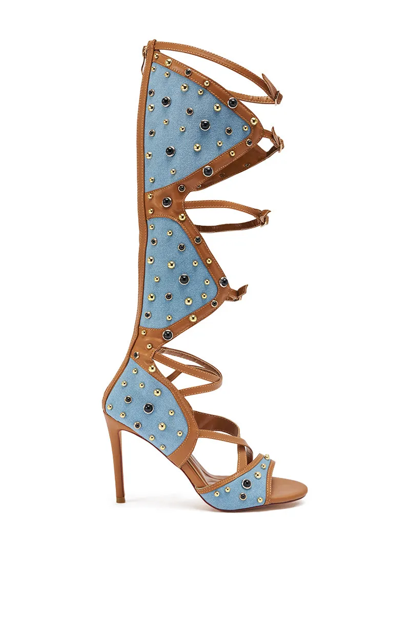 AKIRA GOLD LULANA DENIM METAL STUDDED GLADIATOR STILETTO SANDAL sold by AKIRA product image thumbnail 4
