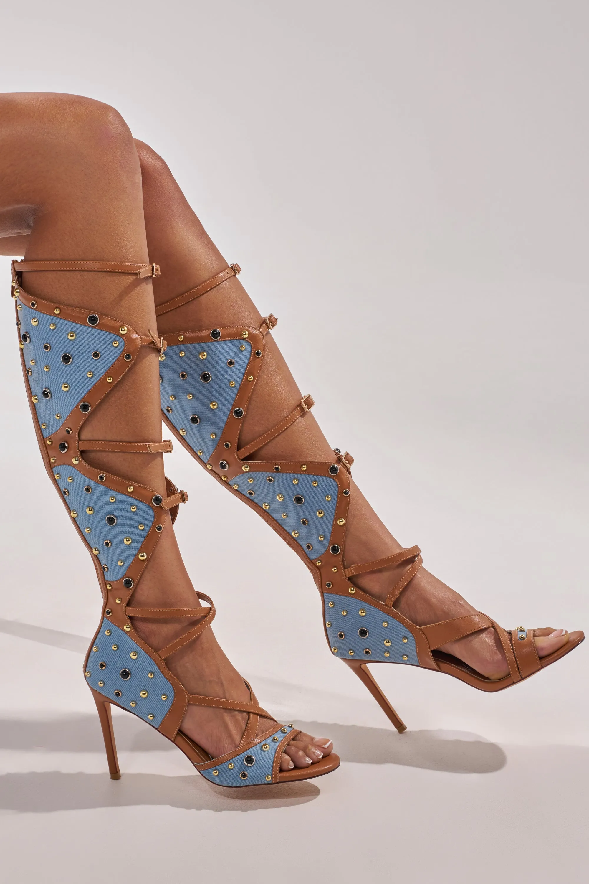 AKIRA GOLD LULANA DENIM METAL STUDDED GLADIATOR STILETTO SANDAL sold by AKIRA product image thumbnail 2