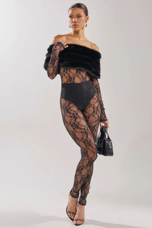 LACE N FUR SLEEVELESS JUMPSUIT sold by AKIRA