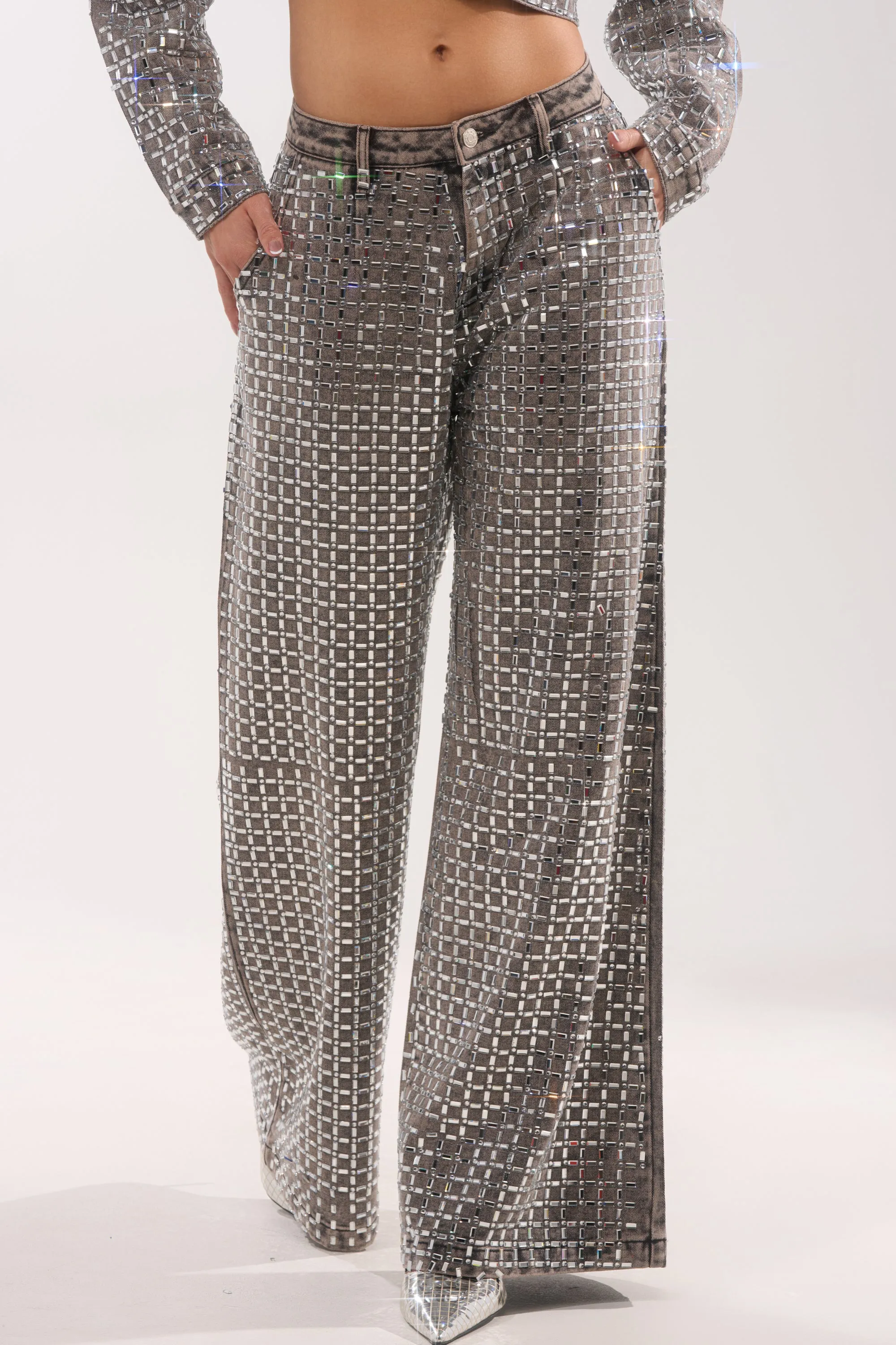 PICK N CHOOSE RHINESTONE WIDE LEG DENIM IN GREY sold by AKIRA product image thumbnail 4