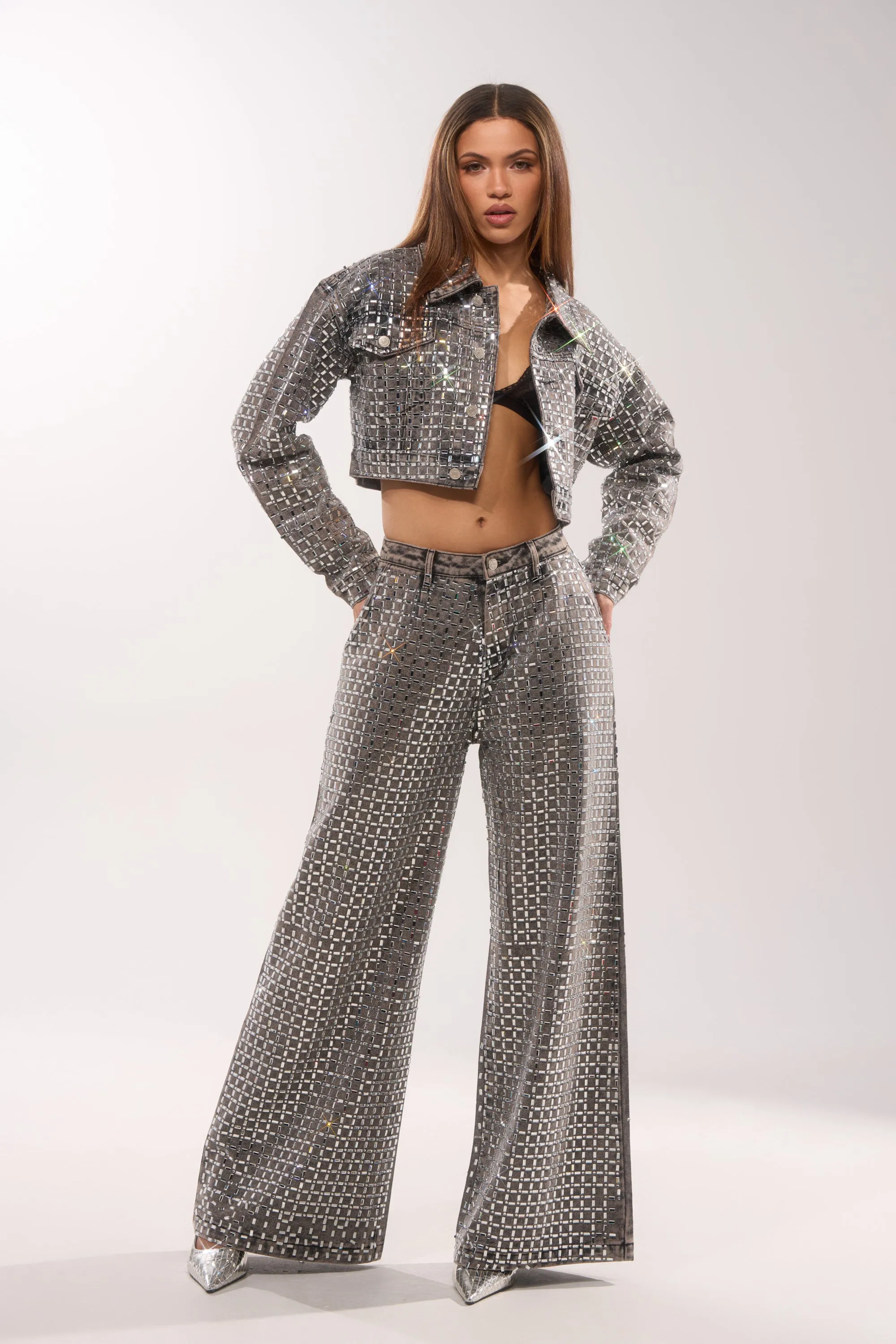 PICK N CHOOSE RHINESTONE WIDE LEG DENIM IN GREY sold by AKIRA