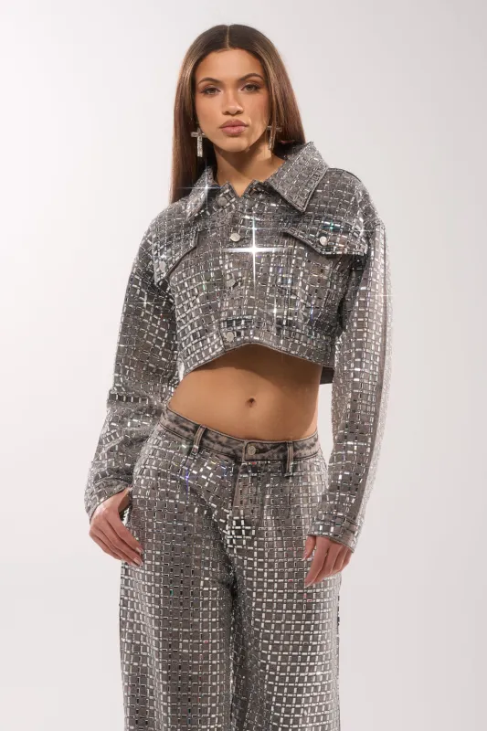 PICK N CHOOSE RHINESTONE DENIM JACKET IN GREY sold by AKIRA