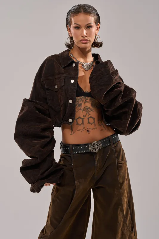 STACKED SLEEVE VELVET DENIM JACKET sold by AKIRA