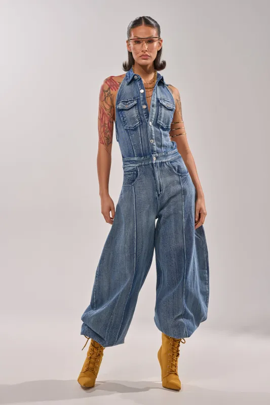 JETSETTER JUMPSUIT IN MEDIUM BLUE DENIM sold by AKIRA
