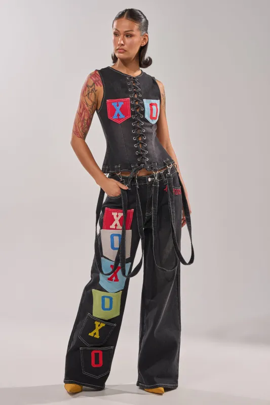 BRING IT BACK DENIM PATCHWORK PANT sold by AKIRA