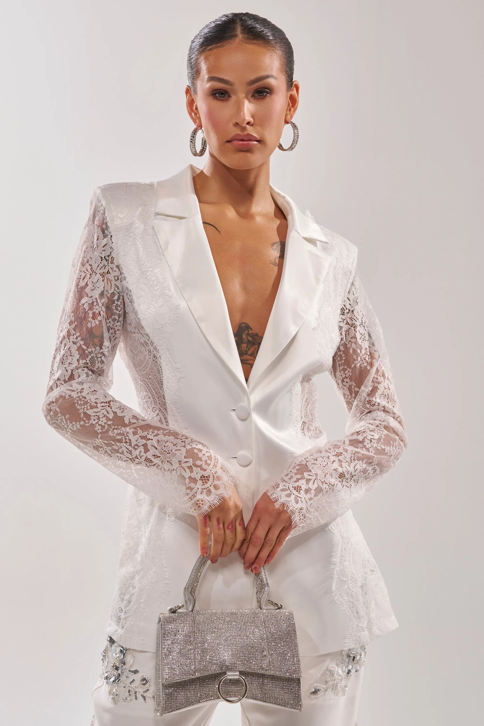 AU CONTRAIRE LACE SATIN BLAZER IN WHITE sold by AKIRA