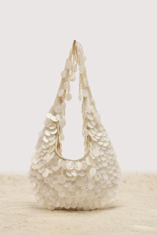 NO WORDS BEADED BAG IN WHITE made by AKIRA