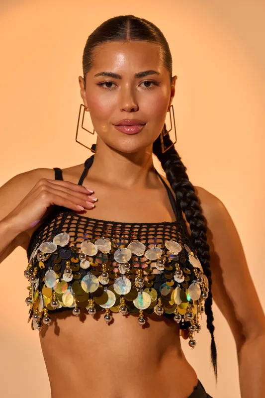 RESORT LIVING SEQUIN CROCHET TOP sold by AKIRA