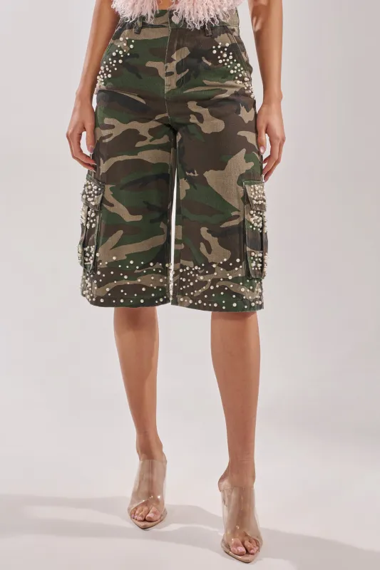 LUXURIOUS CAMO BERMUDA CARGO SHORTS sold by AKIRA