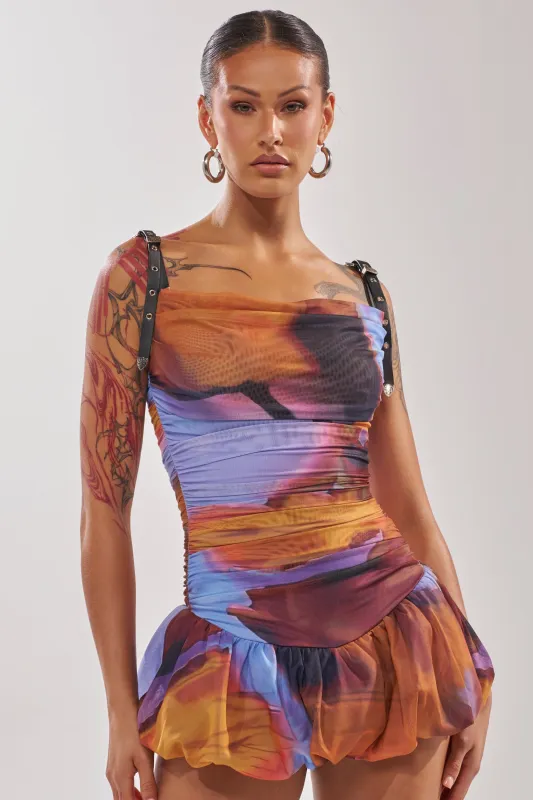 IN A MOOD PRINTED MINI DRESS IN PURPLE made by AKIRA