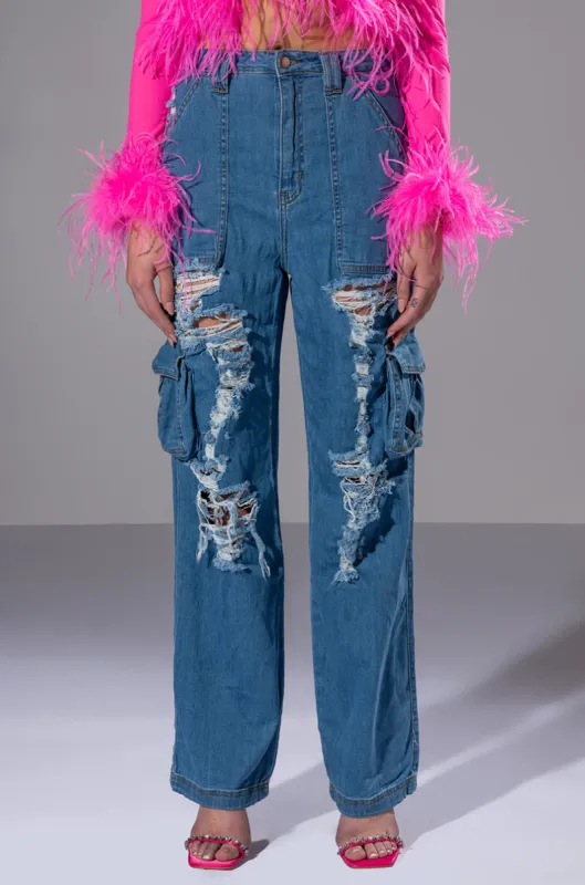 IVY DISTRESSED CARGO HIGH WAISTED JEANS sold by AKIRA