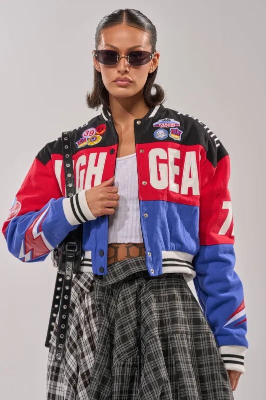 HIGH GEAR EMBROIDERED BOMBER sold by AKIRA