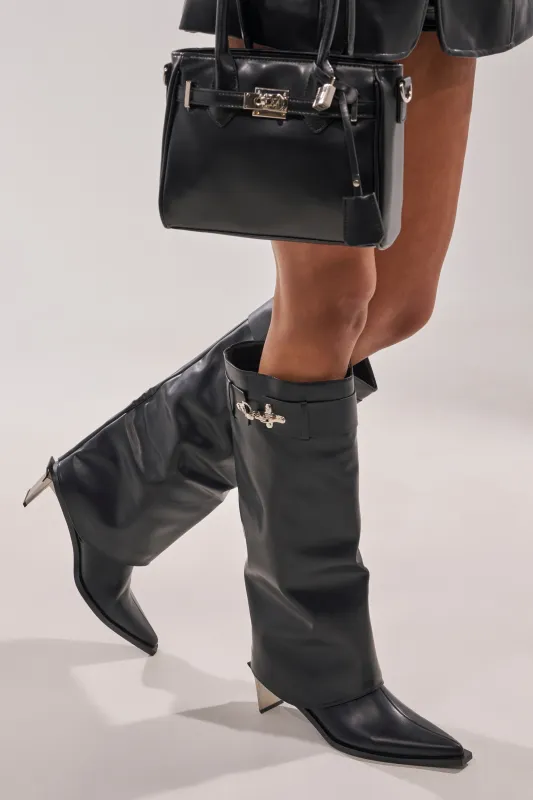 AZALEA WANG CHRONO BLACK METAL HEEL BOOT sold by AKIRA